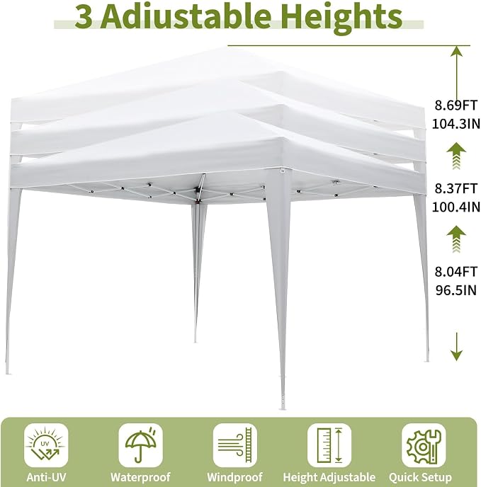 White 10x10 Pop-Up Canopy Tent with 4 Sidewalls – Portable Instant Shelter, Waterproof Outdoor Gazebo for Camping, Parties, Backyard & Beach Activities