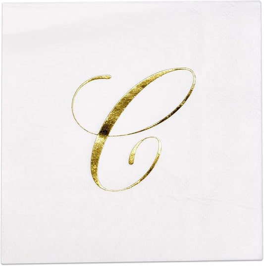 100 Monogram Letter C Cocktail Napkins Gold Foil Initial Disposable Paper Elegant Personalized Beverage Napkins Wedding Party Tableware