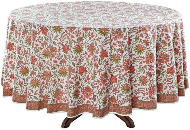 Ridhi Round Tablecloth Hand Block Print 100% Cotton Reusable New York Pink 132 Inch Table Cover Decorative Everyday Use for Dining, Home, Party, Wedding, Farmhouse, Party Gift for Spring, Mother's Day