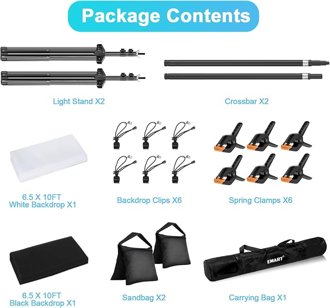 EMART 7 x 10 ft Backdrop Support System, Professional Photography Lighting Kit, 6.5 * 10ft Black/White Backdrop, Photography Backgrounds System for Studio, Portrait and Video Shooting