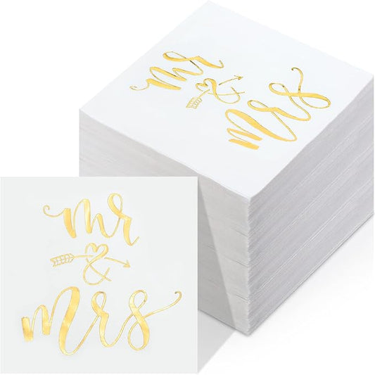 200 Pcs Wedding Napkins Mr and Mrs Napkins for Wedding Reception 3 Ply Gold Foil Disposable Cocktail Beverage Dessert Napkins for Bridal Shower Engagement Party Cake Table Decor(Arrow & Heart)