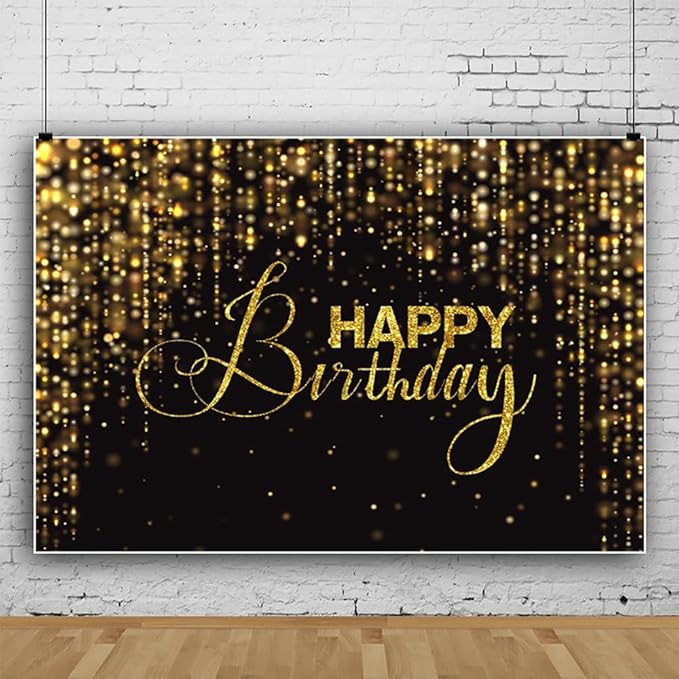 Happy Birthday Backdrop for Photography 15x10ft Luxury Black and Gold Birthday Party Backdrop Background Banner Bokeh Glitter Men Birthday Party Decorations Supplies Wallpaper Studio Props