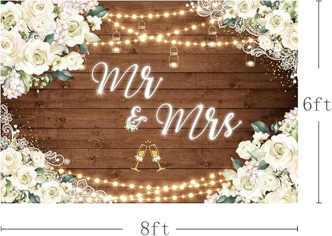 MEHOFOND 8x6ft White Floral Mr & Mrs Engagement Decorations Backdrop Couples Wedding Wooden Background Bride and Groom Engaged Ceremony Anniversary Bridal Shower Party Supplies Photobooth Props