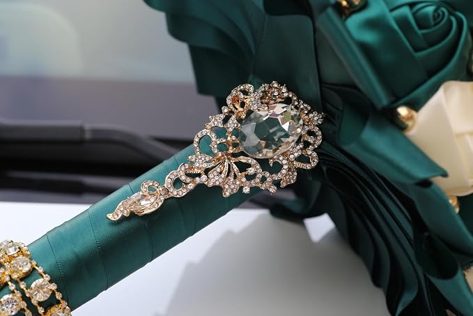 Emerald Green and Ivory Gold Brooch Wedding Bridal Bouquet for Bride Bridesmaid Quinceanera with Bling Rhinestone Pearl Satin Rose Flower Bouquet Wedding Emerald Green and Ivory 8.3in