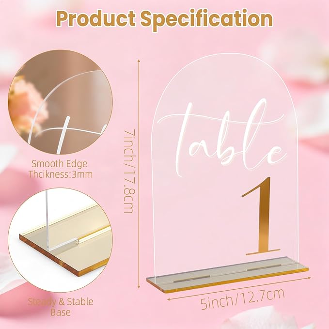 Arch Acrylic Wedding Table Numbers with Gold Font & Stands - 5''x7'' Clear Acrylic Table Number Signs for Wedding Reception, Anniversary, Event & Party Decor (Set 1-20)