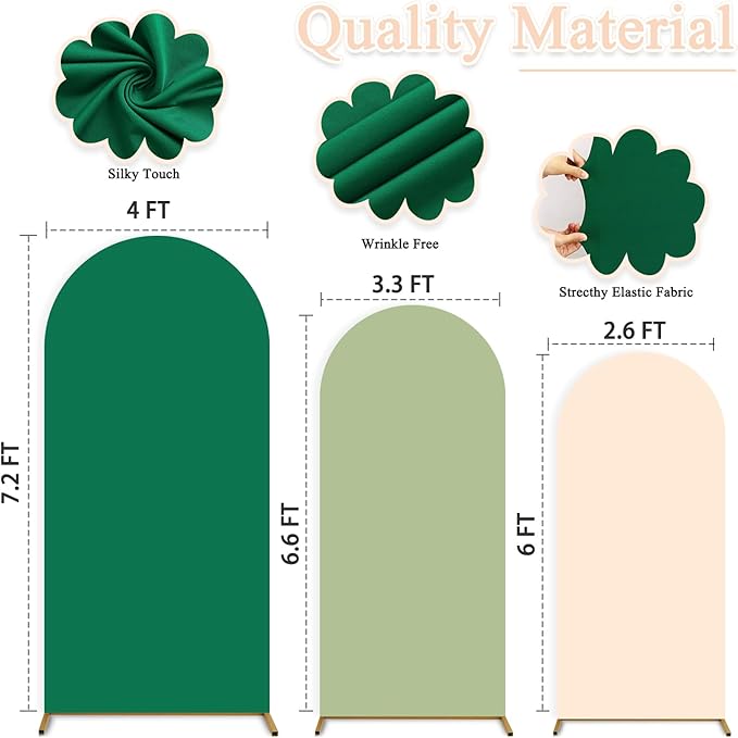 Wedding Arch Cover Spandex Arch Backdrop Covers Set of 3 (7.2FT, 6.6FT, 6FT) Green Covers for Balloon Arched Backdrop Stands Cover Arched Fabric Stretchy Backdrops for Birthday Party Grad Decoration