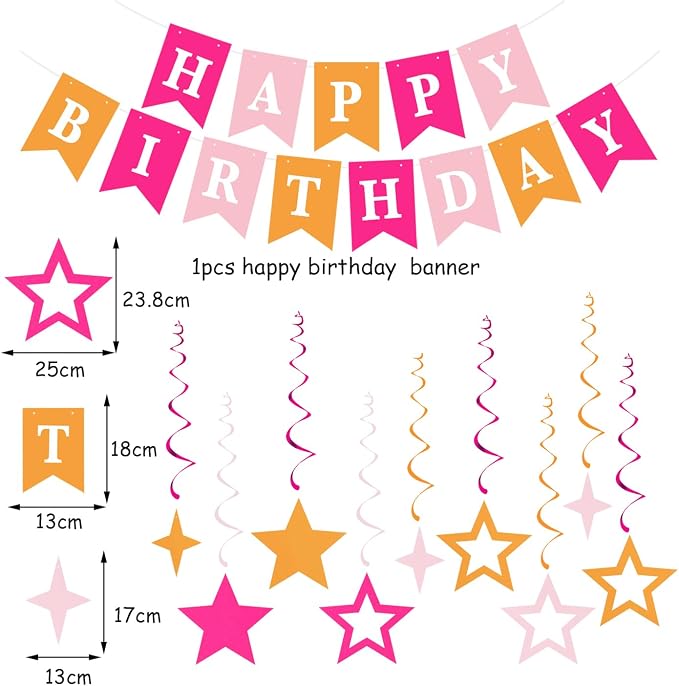 Hot-Pink Orange Fall Birthday Party-Decorations - 19pcs Autumn Summer Women Girls Streamers Banner,Paper Star Garland Lanterns Honeycomb Fan,Tissue Pom Poms,Wall Ceiling Backdrop Supplies Ouruola