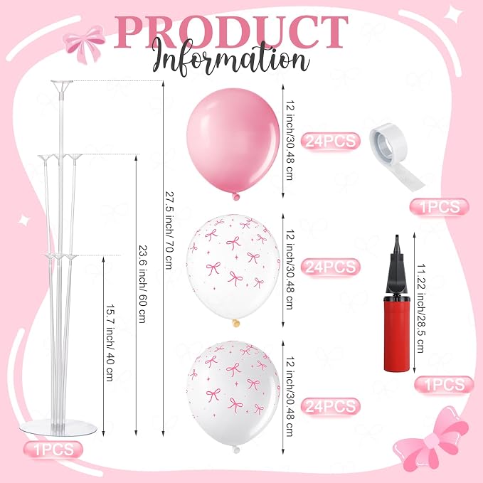VioraWhite 8 Set Balloon Stands Kits, Sticks Holder with Base and Balloon for Table Centerpieces Party Decoration for Birthday Baby Shower Fiesta Carnival Wedding Graduation Party(Pink Bow)