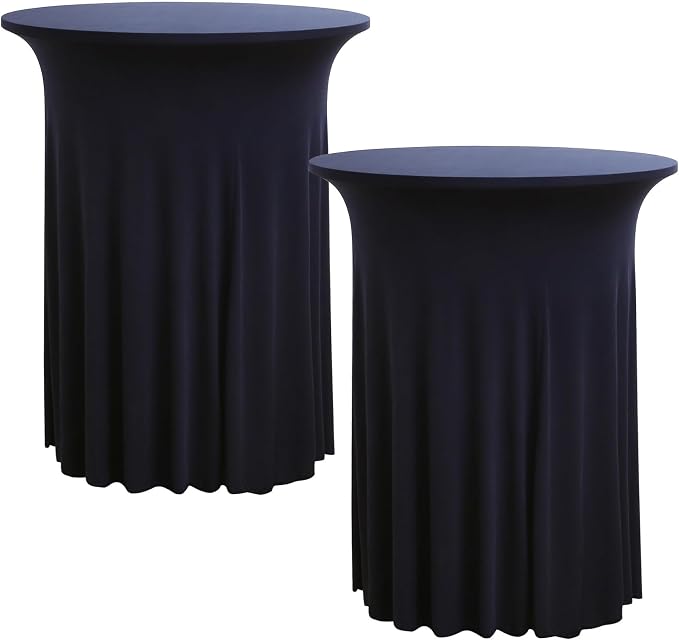 2 pk Navy Blue Cocktail Table Cloth Round 32×43in-High Top Highboy Bar Cocktail Tablecloths-Wrinkle Free Stretchy Fitted Spandex Table Covers with Ruffle Desk Skirt for Wedding Banquet Party Tables
