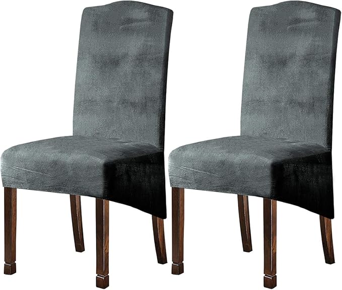 Velvet Plush XL Dining Chair Covers, Stretch Chaircover, Spandex High Chairs Protector Covers Seat Slipcover with Elastic Band for Dining Room,Wedding, Ceremony, Banquet (Light Grey, Set of 2)