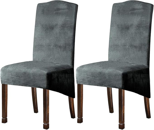 Velvet Plush XL Dining Chair Covers, Stretch Chaircover, Spandex High Chairs Protector Covers Seat Slipcover with Elastic Band for Dining Room,Wedding, Ceremony, Banquet (Light Grey, Set of 2)
