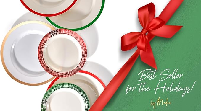 By Madee HEAVYWEIGHT 175 Pc Ivory with Red Trim Plastic Disposable Dinnerware Set with Silverware & Linen-Like Premium Napkins (25 Guests)