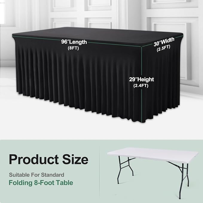 BDDC One-Piece Spandex Table Cover Skirt for 8FT Rectangle Tables | GRS-Certified Eco-Friendly Fabric, Elastic Fitted Ruffle Tablecloth, Washable, For Banquets, Weddings & Parties