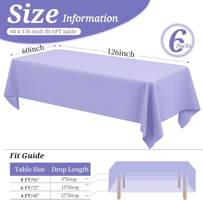 6 Pack Tablecloth 60 x 126 inch Polyester Table Cloth for 6 Foot Rectangle Tables,Stain and Wrinkle Resistant Washable Fabric Table Covers Polyester Lavender Table Clothes for Wedding,Party,Banquet