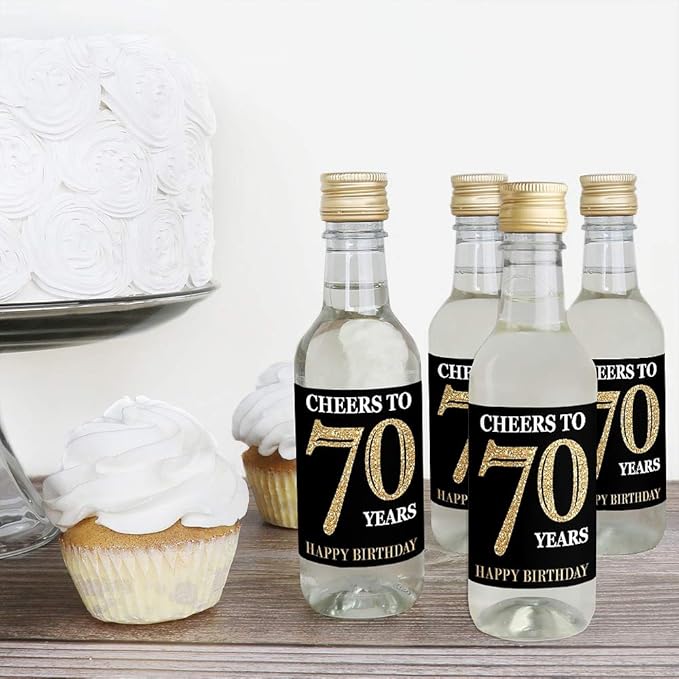 Big Dot of Happiness Adult 70th Birthday - Gold - Mini Wine and Champagne Bottle Label Stickers - Birthday Party Favor Gift for Women and Men - Set of 16