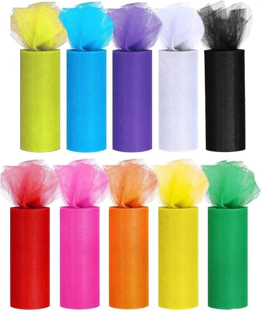 10 Colors Rainbow Tulle Rolls 6" by 25 Yards and Sewing Scissor Measuring Tape Knit Elastic for Table Skirt Rainbow Party Tulle Skirt