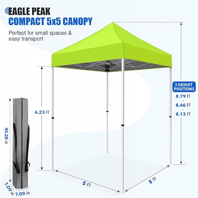 EAGLE PEAK 5x5 Pop Up Canopy Tent Instant Outdoor Canopy Easy Set-up Straight Leg Folding Shelter, Neon Green