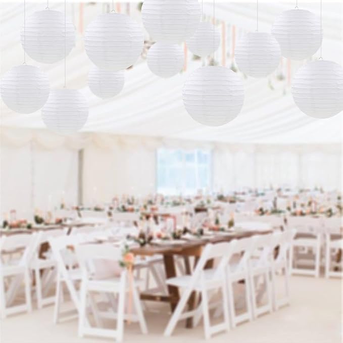 CC wonderland zone 12pcs White Hanging Paper Lanterns,Round Paper Lanterns for Birthday,Baby Shower,Wedding,Party,Home Ceiling Decoration（4" 6" 8" 10" ）