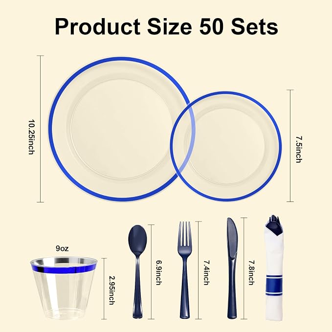 BESTSTAR 350PCS 4th of July Clear and Blue Disposable Plates Set for 50 Guests, 100 Plastic Plates, 50 Cups, 50 Pre-Rolled Napkins with Plastic Cutlery for 4th of July, Graduation Party, Birthday
