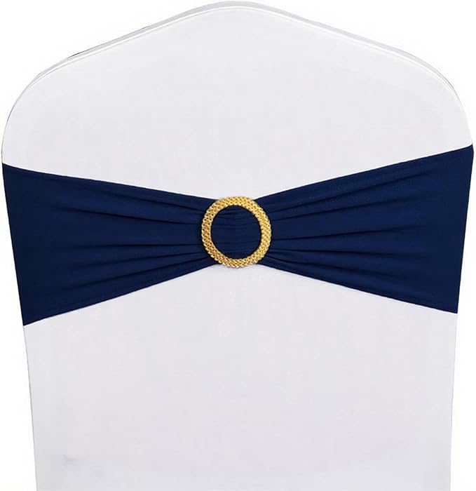 Pack of 50 Spandex Navy Blue Chair Sashes with Gold Buckles, Stretch Chairs Sashes for Wedding Party Baby Shower Ceremony Event Decorations Chair Bands Bows (Navy Blue Sashes, Gold Buckles)