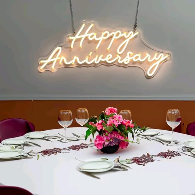 Custom Neon Sign Happy Anniversary Neon Sign,Custom Neon Led Sign, Wedding Neon Sign, for Girlfriend Boyfriend Wife Husband Parents Engagement Birthday Party Decoration. Size:23inch