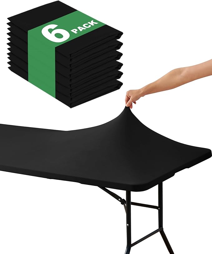 KeyWave Fitted Tablecloth Rectangle Table Cloths - 6 Pack 8 Foot Elastic Stretch Folding Table Top Cover Water-Resistant Reusable for Outdoor Picnic Camping Party Event, Black, 96" L x 30" W