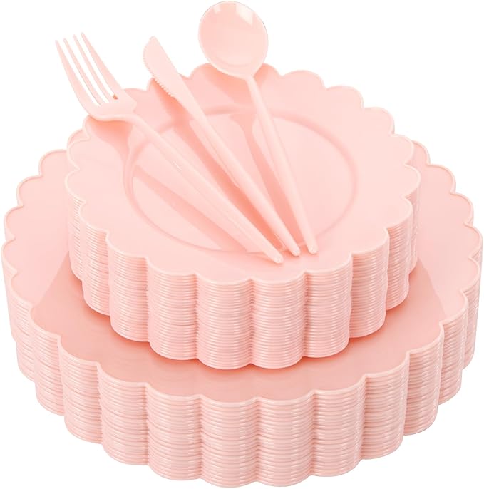 WONDERFUL 150 Pcs Pink Plastic Plates Disposable Plastic Dinnerware Set Pink Plate and Silverware Set Disposable Plates for Party Wedding & Bridal Shower Party Mothers Day Decor 30 Guests