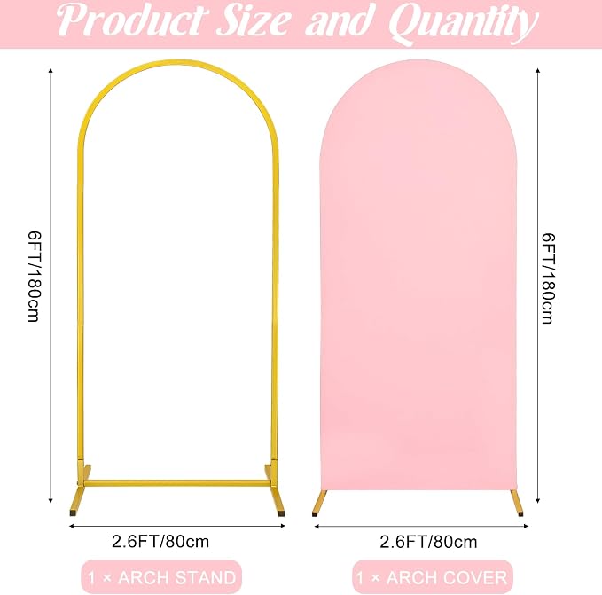 Metal Arch Stand and Cover Set,1 Pink Spandex Fitted Backdrop with 1 Gold Wedding Arched Stand Frame for Parties Birthday Baby Shower Bridal Banquet Decoration (6FT)