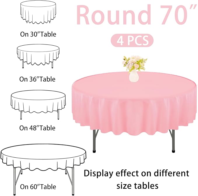 4 Pack 70 Inch Pink Polyester Round Table Cloth Washable Decorative Fabric Table Covers for Wedding Dining Table Buffet Parties Banquet Decor
