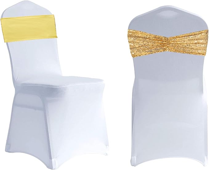 SquarPie Pack of 50 Chair Sashes Bands Gold Stretch Spandex One-Sided Sequin Chair Back Cover Ties Bows for Wedding Party Fiesta Decor