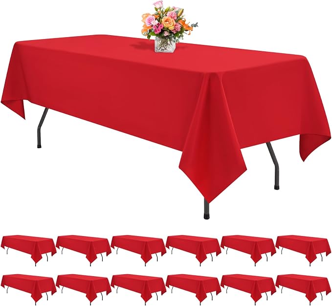 12 Pack Polyester Tablecloth -60 x 126 Inch Red Table Cloth for 8 Feet Rectangle Tables, Stain and Wrinkle Resistant Washable Fabric Table Cover for Wedding Party Banquet Restaurant Kitchen