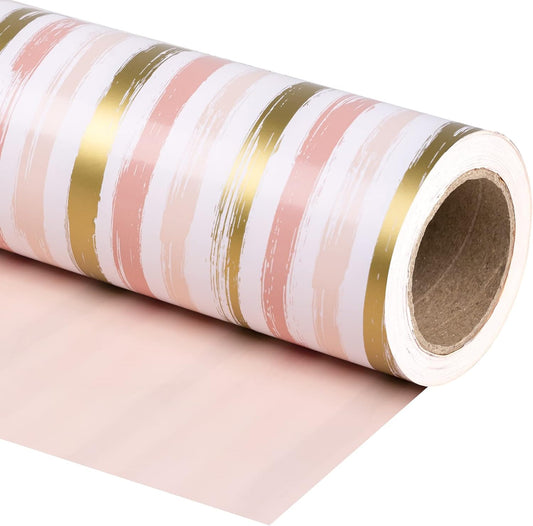 WRAPAHOLIC 30 Inch Reversible Wrapping Paper Roll - 30 Inch X 100 Feet Jumbo Roll Pink and Gold Lines Print for Birthday, Holiday, Wedding, Baby Shower and More Occasions
