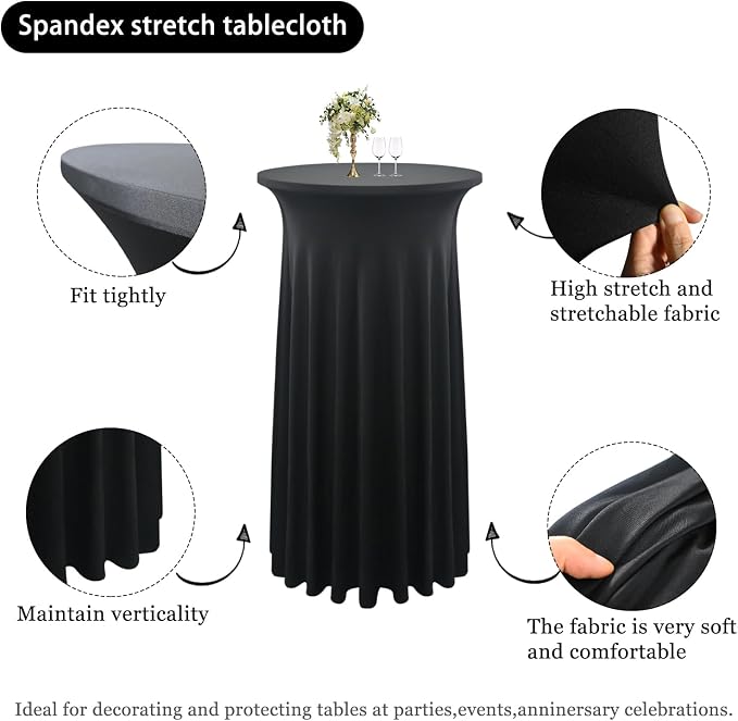 6-Pack 24"x43" Black Round Cocktail Table Skirts | Stretch Spandex Fitted Tablecloths | Stain-Resistant, Wrinkle-Resistant, and Machine Washable for Bars, Weddings, Parties, and Banquets