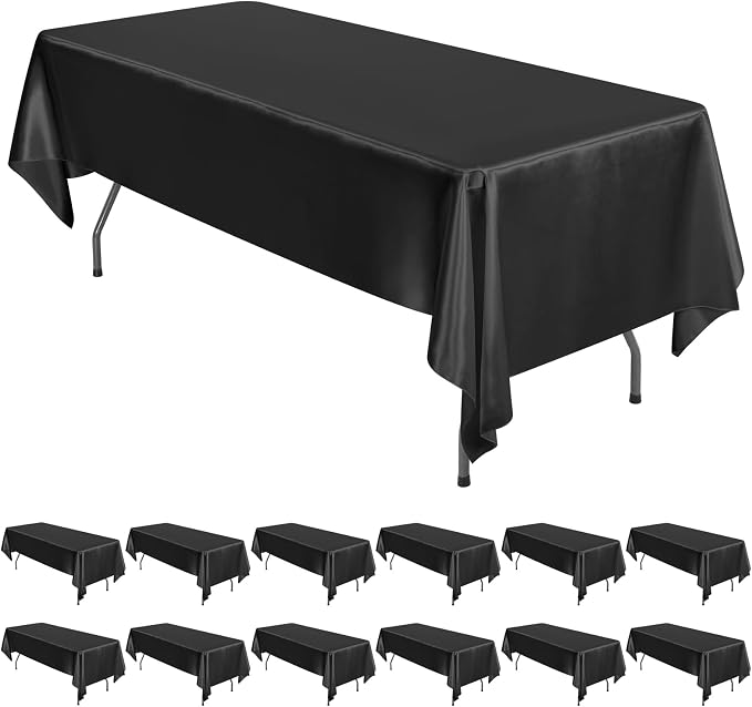 12 Pack Satin Tablecloth, 57 x 108 Inch Black Rectangle Satin Table Cloth, Bright Smooth Fabric Table Cloth Soft Silky Table Covers Bright Silk Table Clothes for Wedding, Party, Banquet