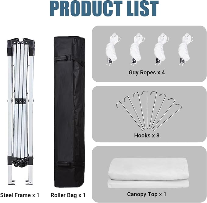 10x10 Pop Up Canopy Tent, One Push Center Lock Instant Setup Folding Shelter, High Strength Steel Frame and Handheld Carry Bag, Ground Stakes and Wind Ropes for Camping, Parties, White