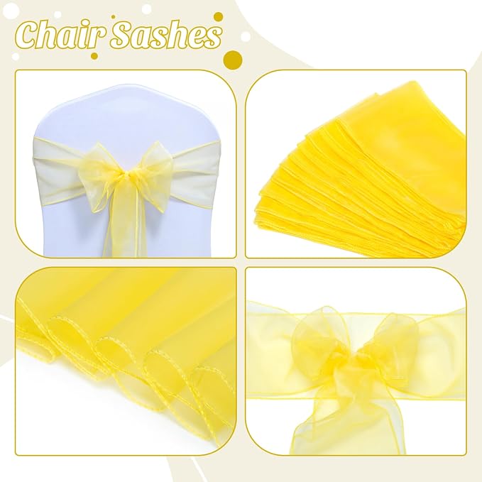 MDS® Pack of 250 Organza Chair Sashes for Wedding Decoration, Reusable Sheer Chair Bows for Banquet Chair Cover, Reception, Bridal Shower, Baby Shower, Birthday Party & Special Events - Yellow