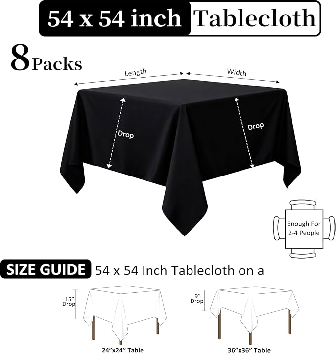 8 Pack Black Tablecloths 54 x 54 Inch Square Tablecloth, Wrinkle Resistant Black Table Cloth Washable Polyester Fabric for Party Wedding Banquet