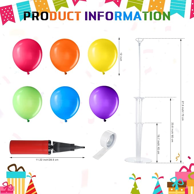 VioraWhite 8 Set Balloon Stands Kits, Sticks Holder with Base and Balloon for Table Centerpieces Party Decoration for Birthday Baby Shower Fiesta Carnival Wedding Graduation Party(Rainbow)