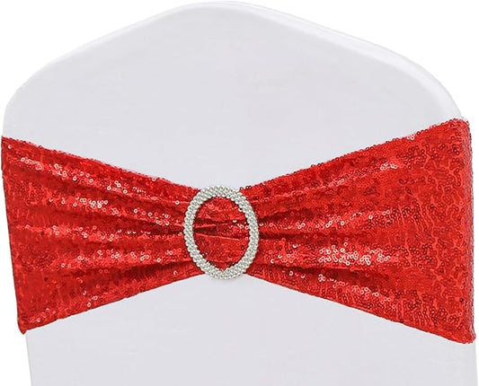 Double-Sided Sequins Red Chair Sashes for Wedding Decor, Red Sequin Chair Bands with Silver Buckles, Sequin Chair Sashes Bows for Party Ceremony Event Chair Decorations - 50 Pack