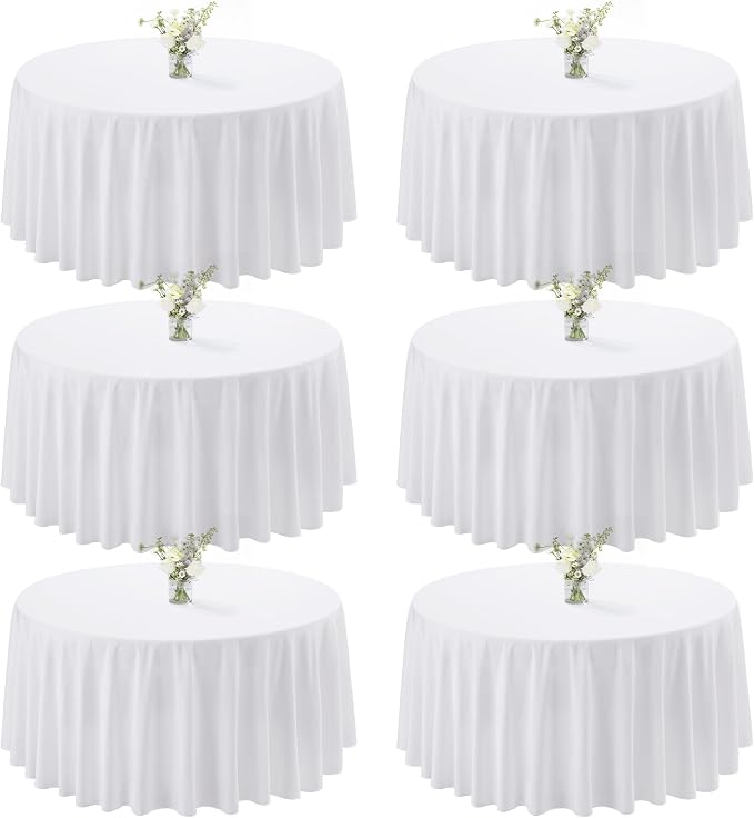 joybest 6 Pack Round Tablecloths 120 Inch White Polyester Table Cloth, Stain and Wrinkle Resistant Washable Fabric Table Cover for Wedding, Party, Reception, Banquet, Dining