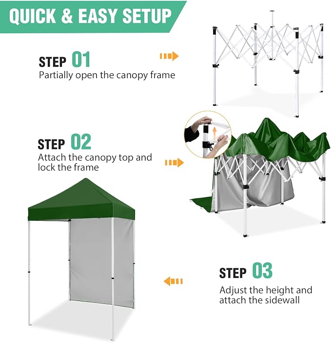5x5 Pop Up Canopy Tent with One Sidewall, Instant Portable Beach Canopy, Outdoor Tent with Carry Bag for Camping, Sports, Tailgating, Events, Green