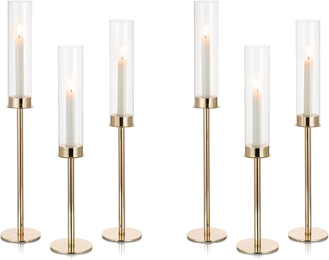 NUPTIO Hurricane Glass Candle Holders: Set of 6 Tall Gold Metal Candlestick Holder with Chimney Tube Brass Tiered Taper Candles Stands for Christmas Holiday Party Decoration 23.6 & 21.7 & 19.7 in