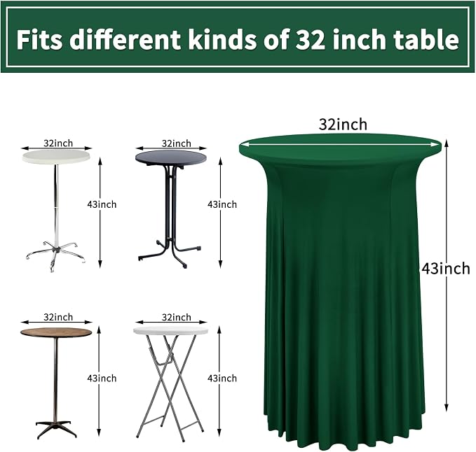 6 Packs Round Cocktail Table Skirt 32"x 43" Spandex Stretch Cocktail Tablecloth with Wavy Drapes, Dark Green Spandex Fitted High Top Table Covers for Wedding Bar Party Birthday Banquet Table