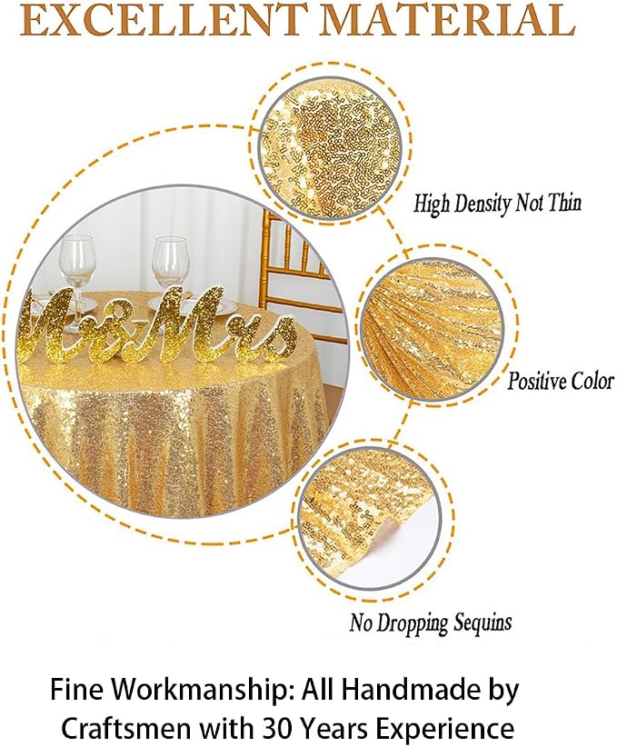 ShiDianYi Round Sequin Tablecloth 72'' Gold Glitter for Party - Sparkle Table Overlay, Shiny Cake Dessert Cover - Shimmer Table Cover for Wedding Reception