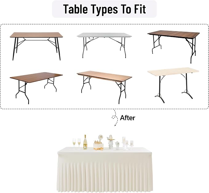 Leegleri 4 Pack Ivory Spandex Tablecloths for 8ft Rectangle Tables, Wrinkle Free Fitted Table Cloths with Skirt for Parties, Weddings, Birthday, Banquet, Baby Shower