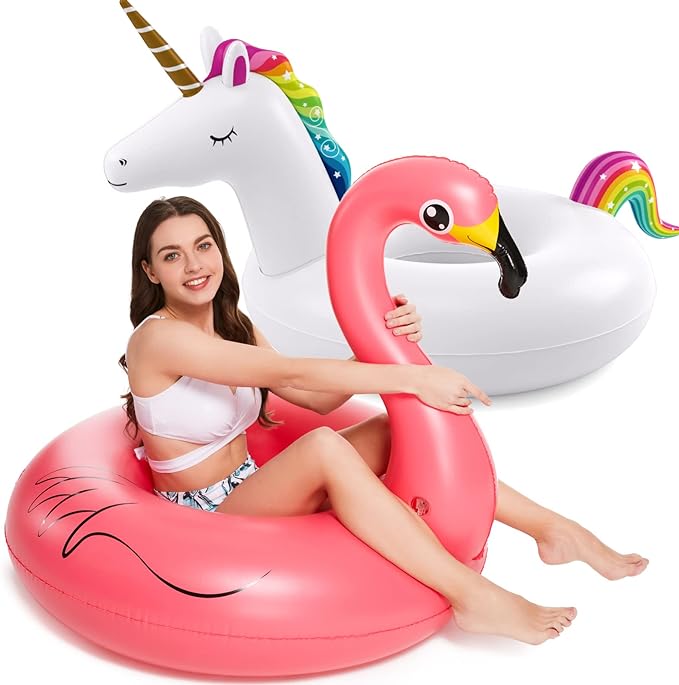 Jasonwell 2 Pack Unicorn Flamingo Pool Floaties - Inflatables Rafts for Swimming, Lake, Beach - Floaty Swim Rings for Adults, Kids