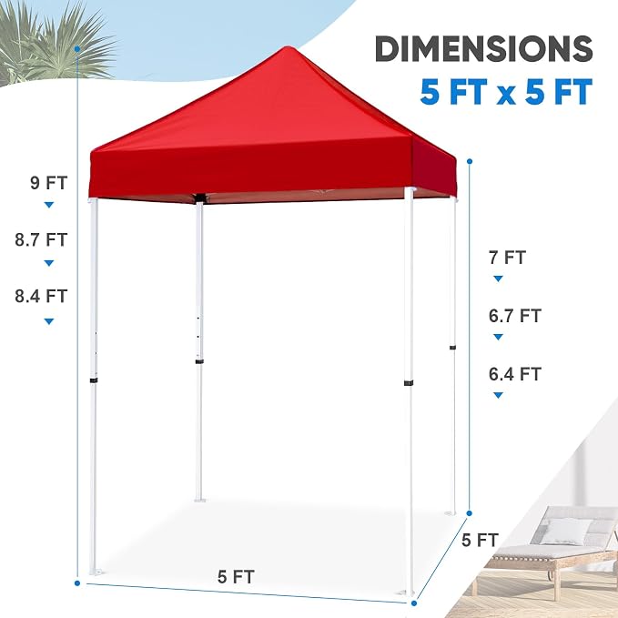 COOS BAY 5x5 Pop Up Canopy Tent, Portable Lightweight Sun Shelter with Carry Bag, Easy Setup Outdoor Canopy for Beach, Camping, Sports & Backyard Shade, Red