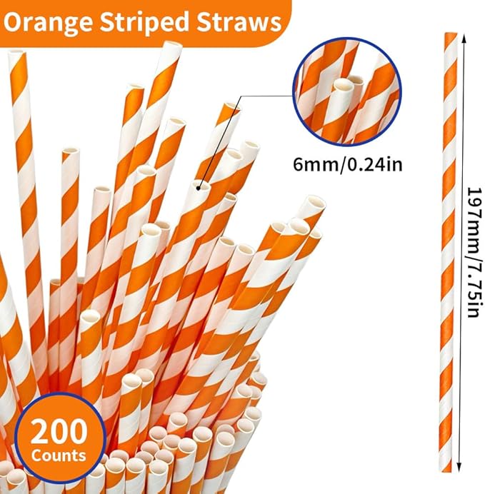 200 Orange Straws, Biodegradable Orange and White Paper Striped Straws for Coffee, Cocktail, Lemonade, Milkshake, DIY Decorations, Weddings, Bridal, Baby Shower, Party Supplies