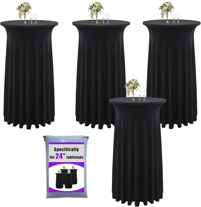 4-Pack 24"x43" Black Round Cocktail Table Skirts | Stretch Spandex Fitted Tablecloths | Wrinkle-Resistant, Stain-Resistant, and Machine Washable for Bars, Weddings, Parties, and Banquets