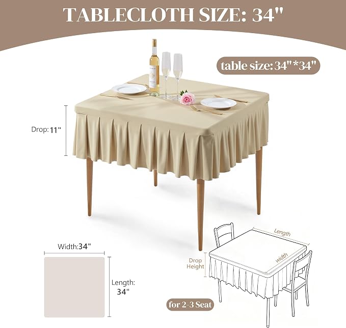 2 Pack Natural Spandex Tablecloths for 34x34 Inch Square Tables, Stretch Fitted Table Clothes with Pleated Ruffle Skirt for 34” Table, Wrinkle Free and Elastic, for Party Kitchen Home Dining